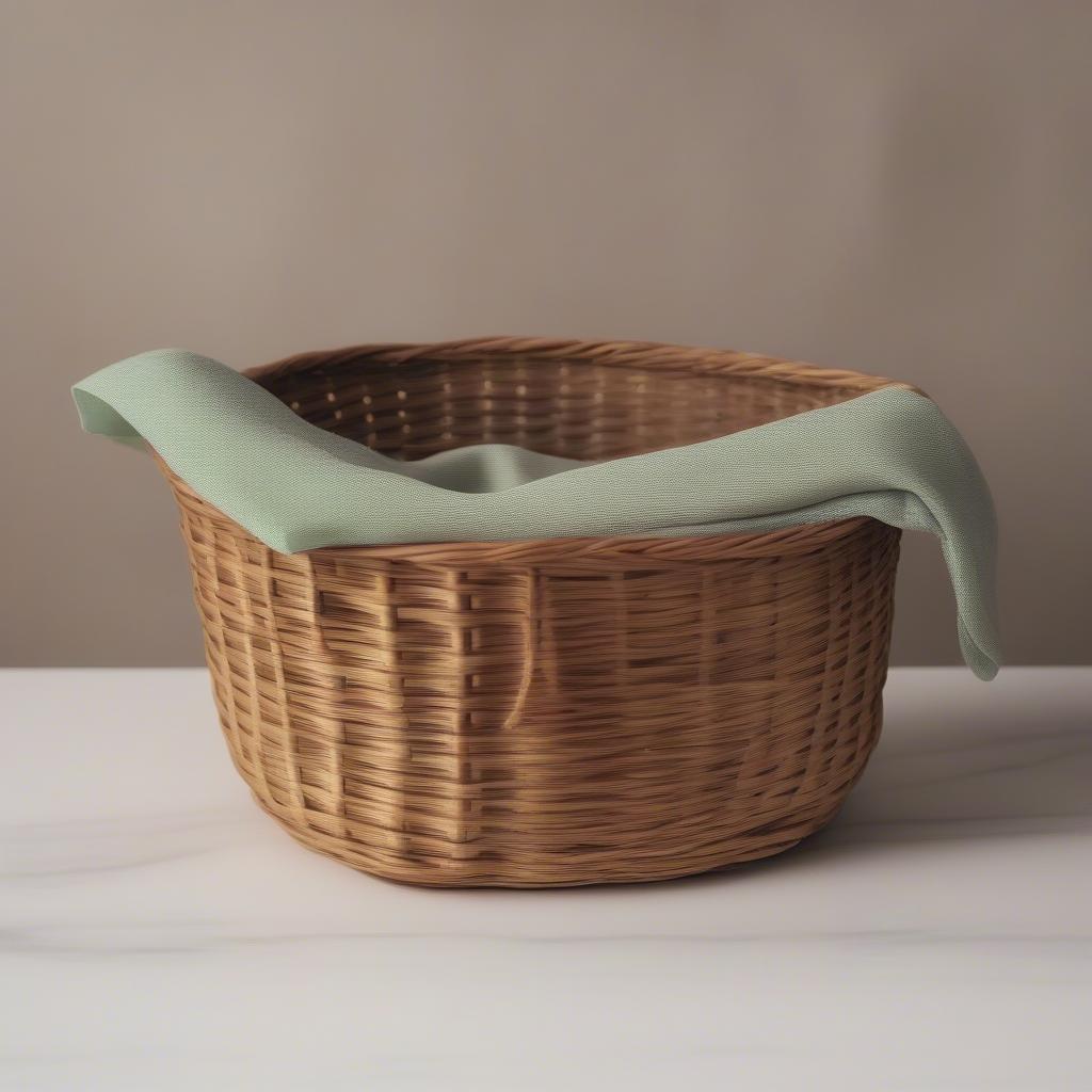 Demonstrating the proper way to clean basket weave containers using a damp cloth and mild detergent.