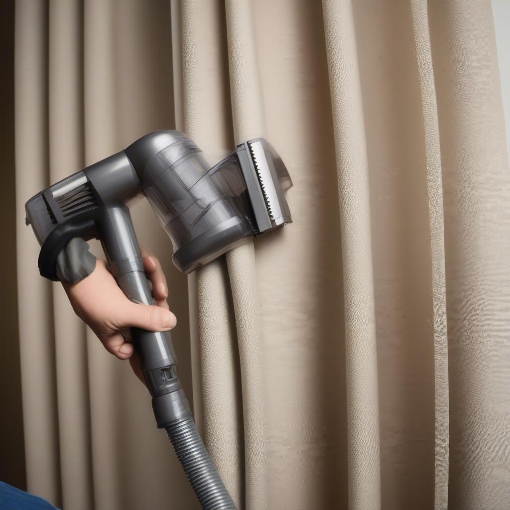 Cleaning basket weave curtains with a gentle vacuum attachment.