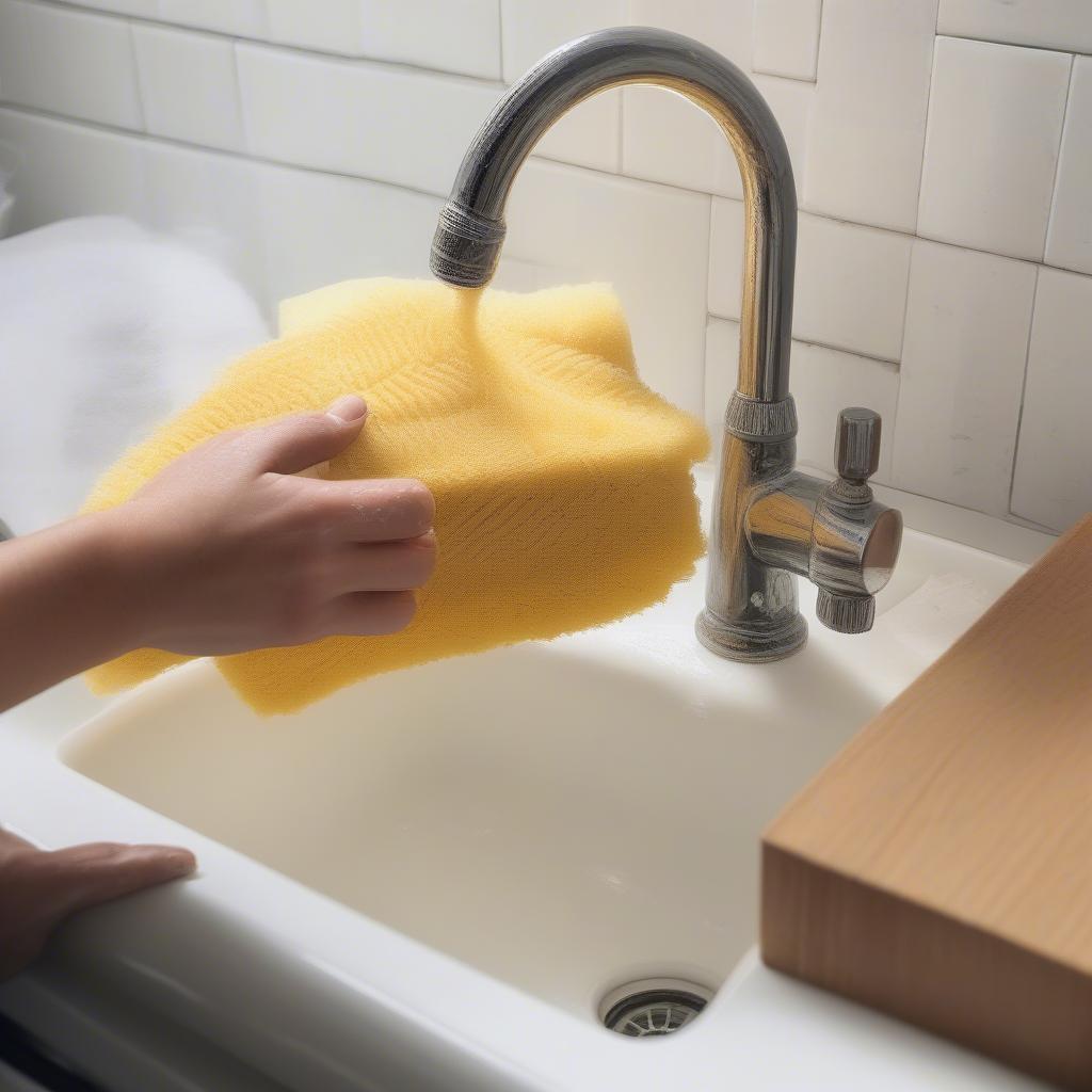 Cleaning a basket weave farmhouse sink with mild soap and water.