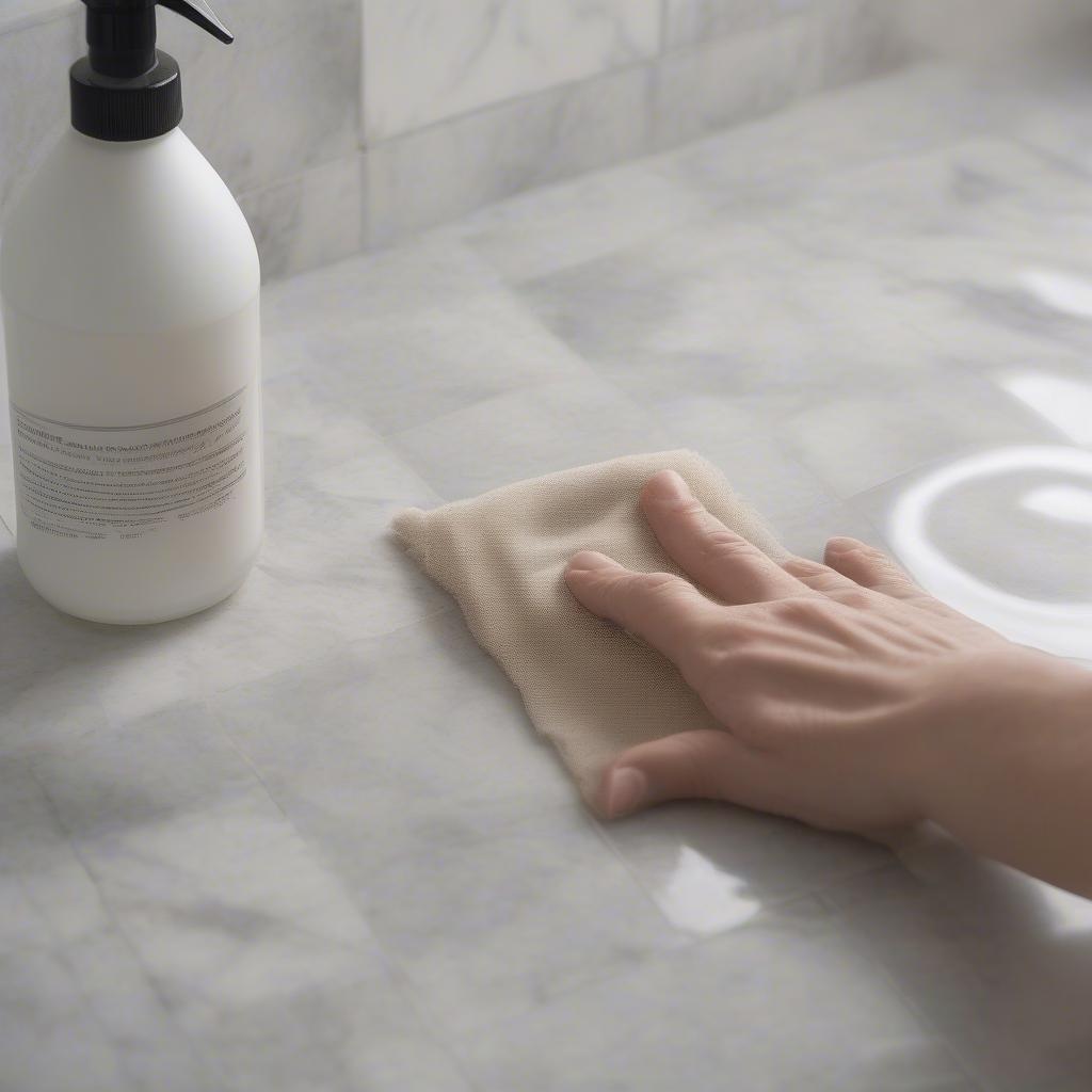 Cleaning simple basket weave marble tiles with a pH-neutral cleaner and a soft cloth to maintain their shine and prevent etching.