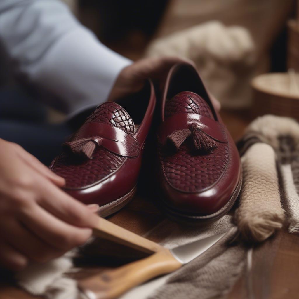 Cleaning basket weave oxblood tassel loafers with a brush