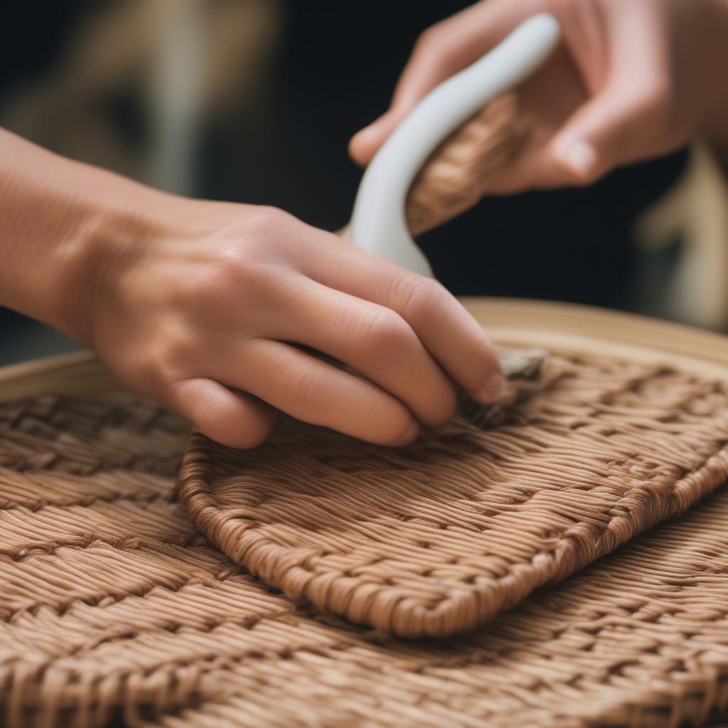 Cleaning basket weave sandals with a soft brush.