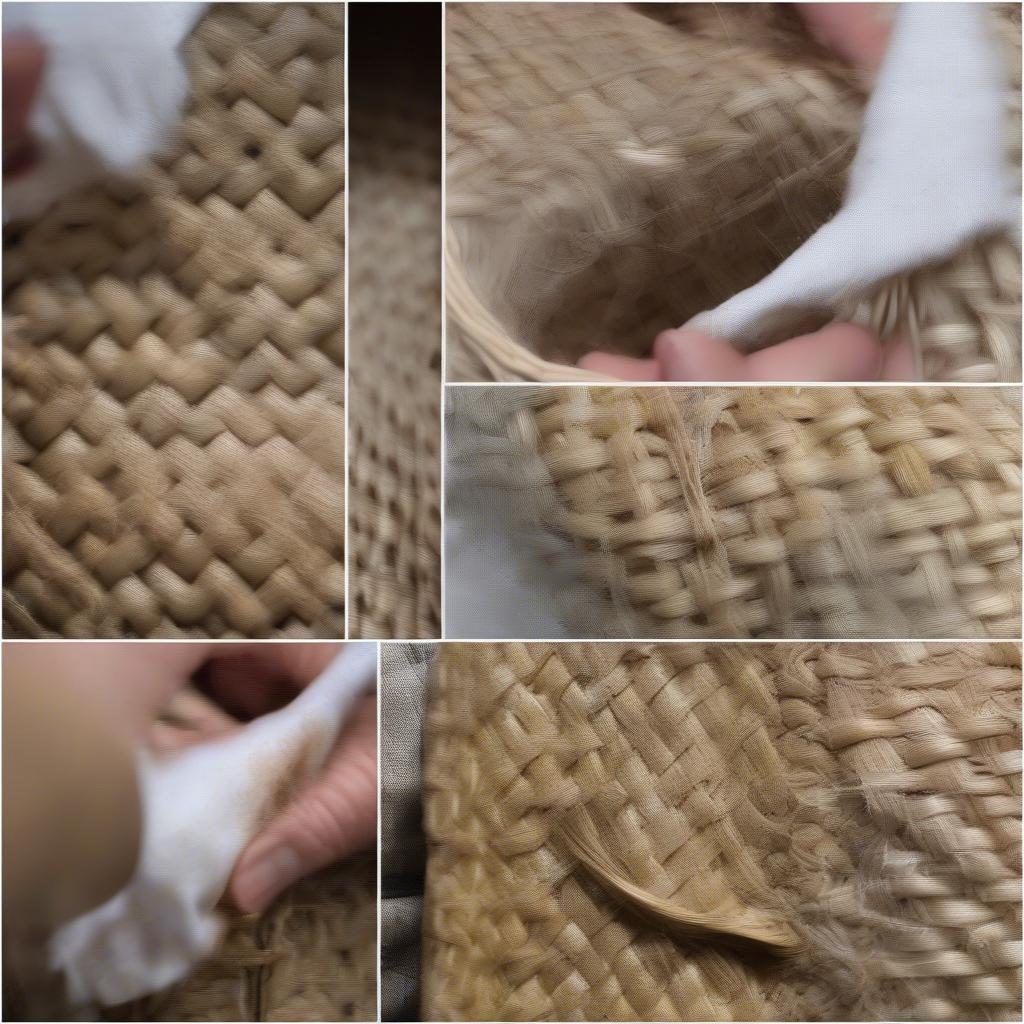 Demonstrating how to clean a basket weave satchel with a soft brush and damp cloth.