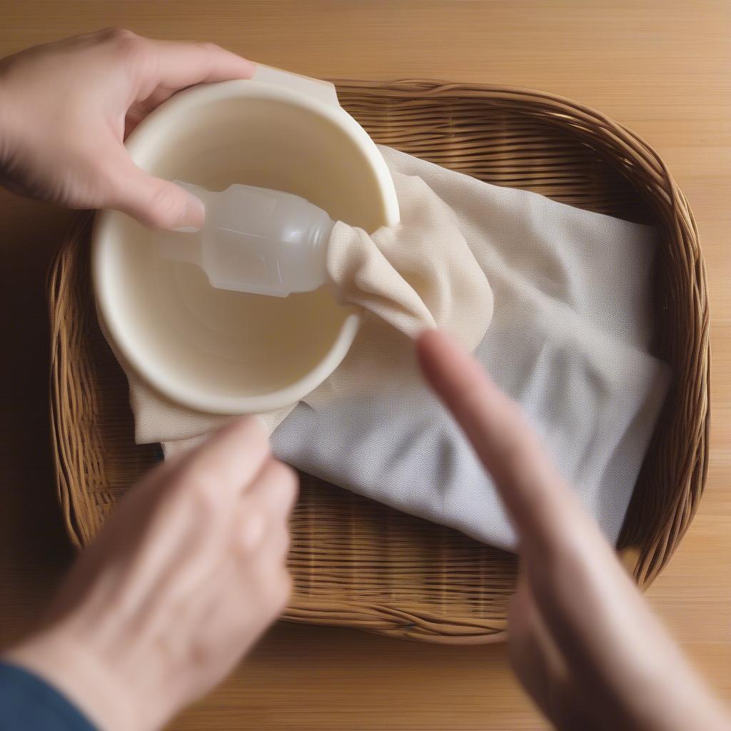 Cleaning a basket weave serving tray with a soft cloth and mild soap.