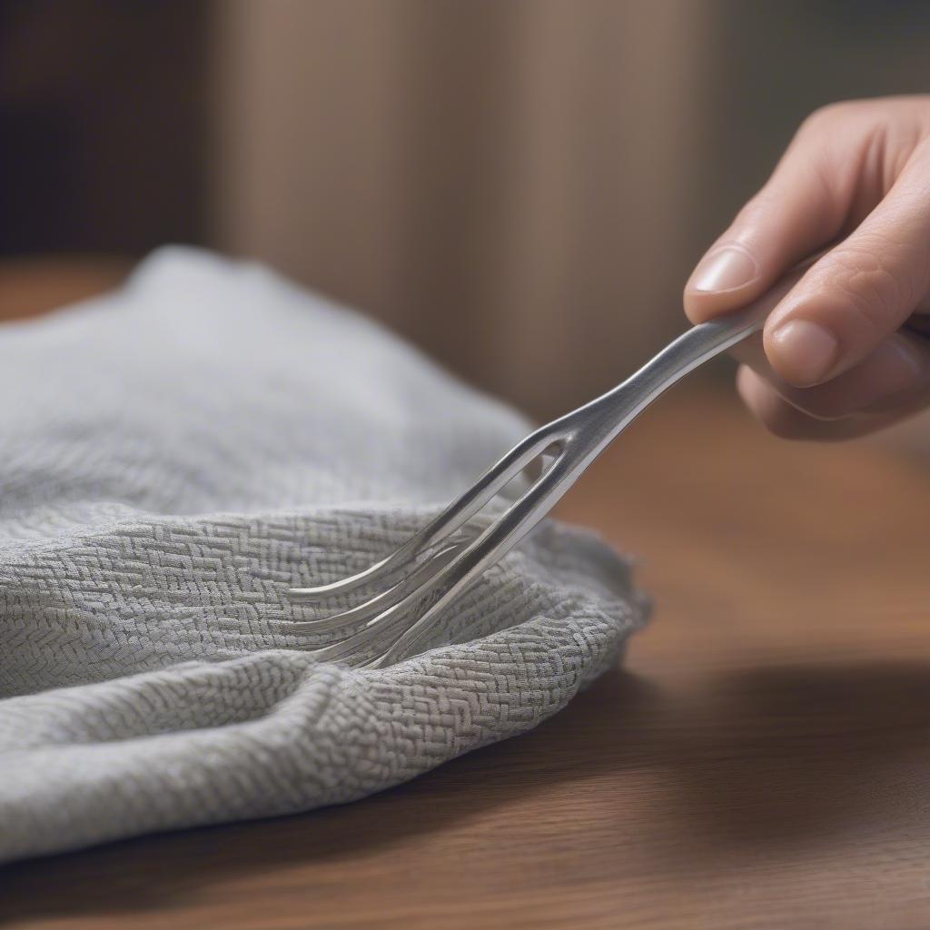 Cleaning basket weave silverware with a soft cloth.