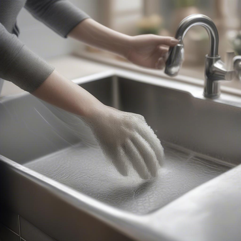 Cleaning a basket weave stainless steel sink with soap and water.