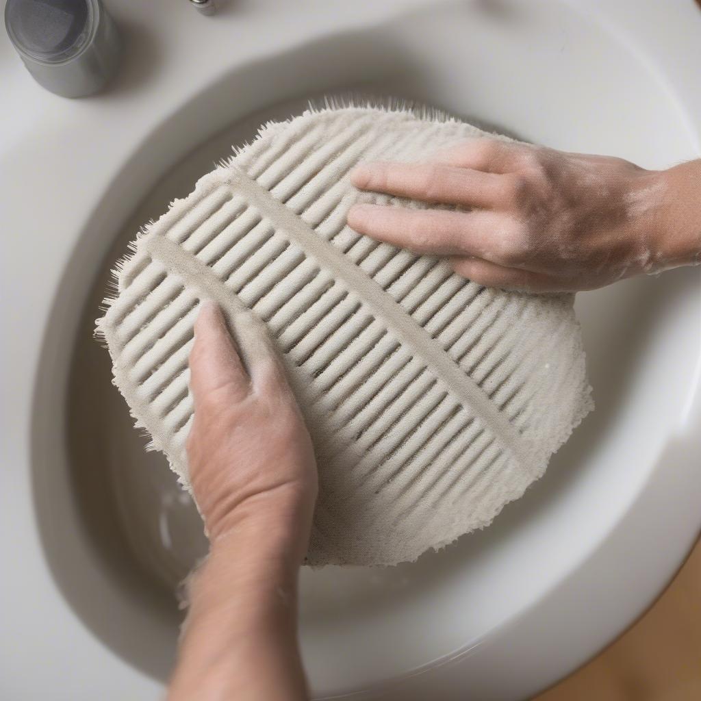 Cleaning basket weave tile with a soft-bristled brush and soapy water