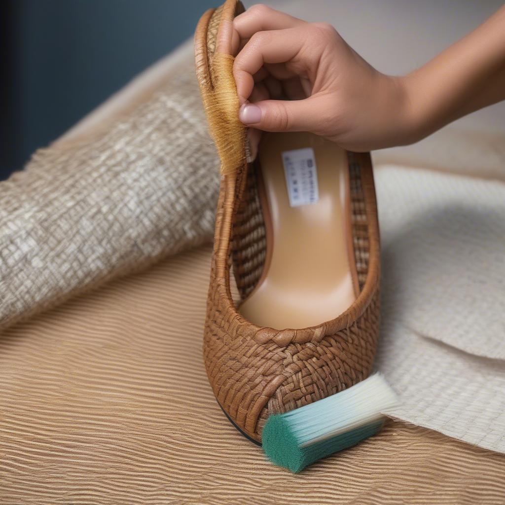 Demonstrating how to clean basket weave wedge heels using a soft brush and damp cloth.