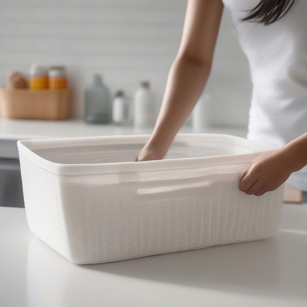 Cleaning a white plastic storage basket with a damp cloth.