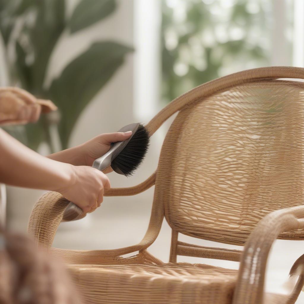 Cleaning a chevron weave chair with a brush