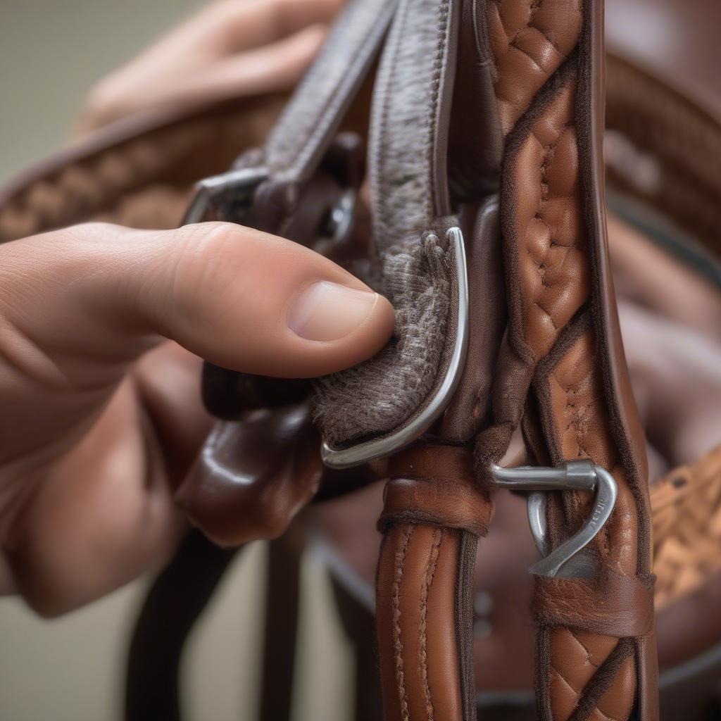 Cleaning a Circle Y basket weave headstall with leather cleaner and conditioner