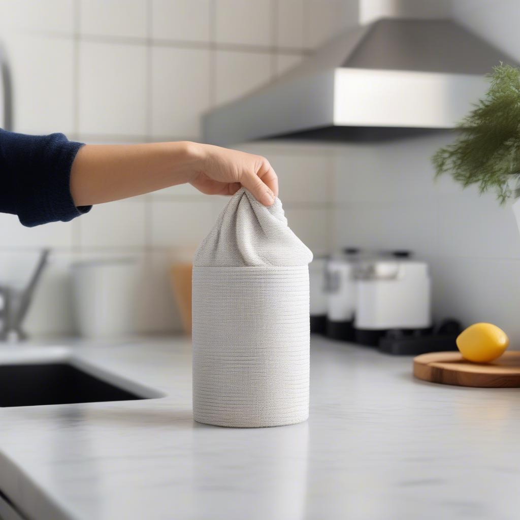 Cleaning a Duncan basket weave canister set with a damp cloth, demonstrating proper care and maintenance techniques.