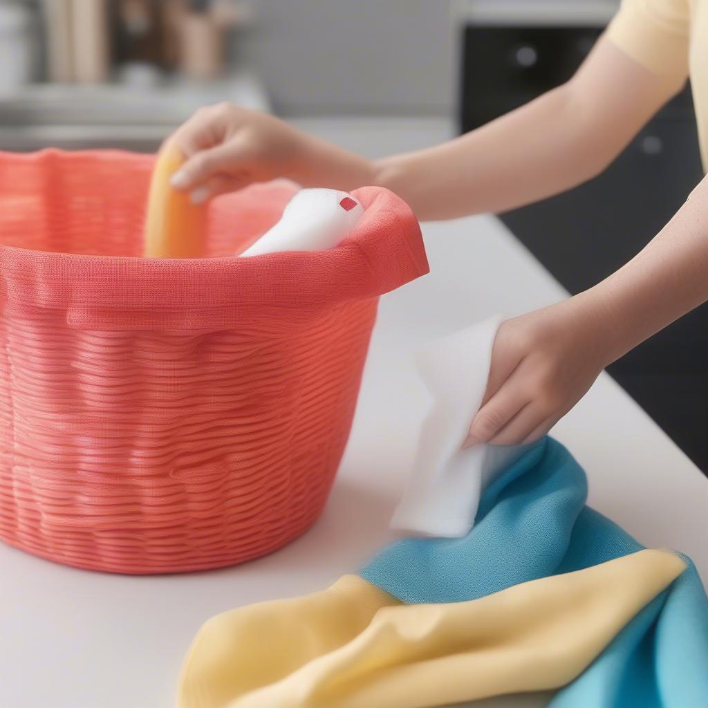 A parent wiping a children's non-weaving basket with a damp cloth, demonstrating the ease of cleaning and maintenance.