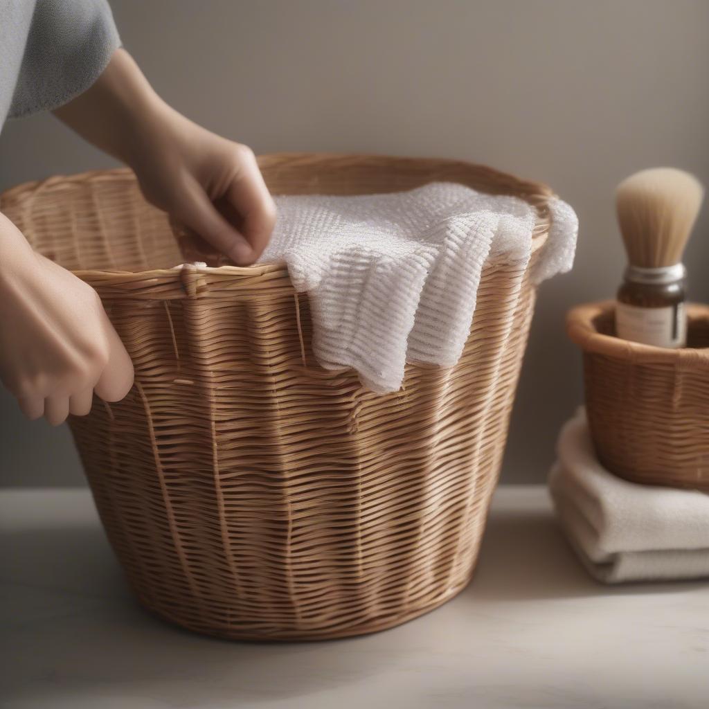 Cleaning an open weave laundry basket with a brush and mild detergent.