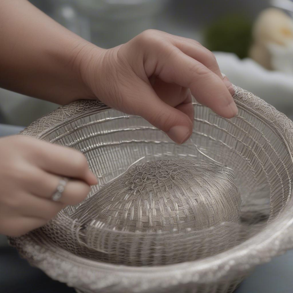 Cleaning an open weave silver basket with a soft cloth and silver polish.