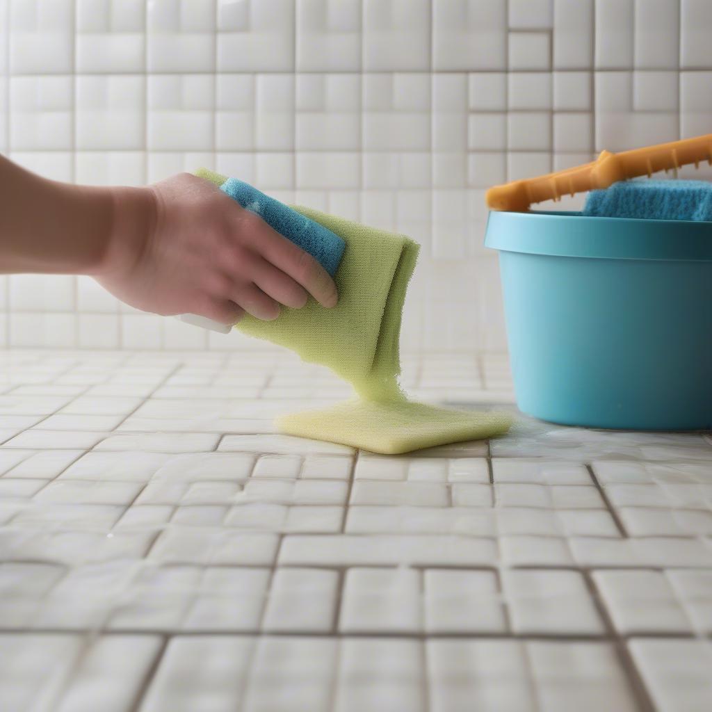 Cleaning porcelain basket weave tile with a mild detergent and warm water, ensuring its longevity and maintaining its pristine appearance.