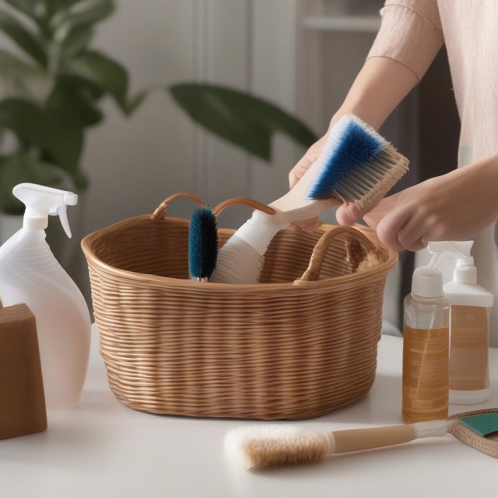 Cleaning Rattan Baskets with a Soft Brush