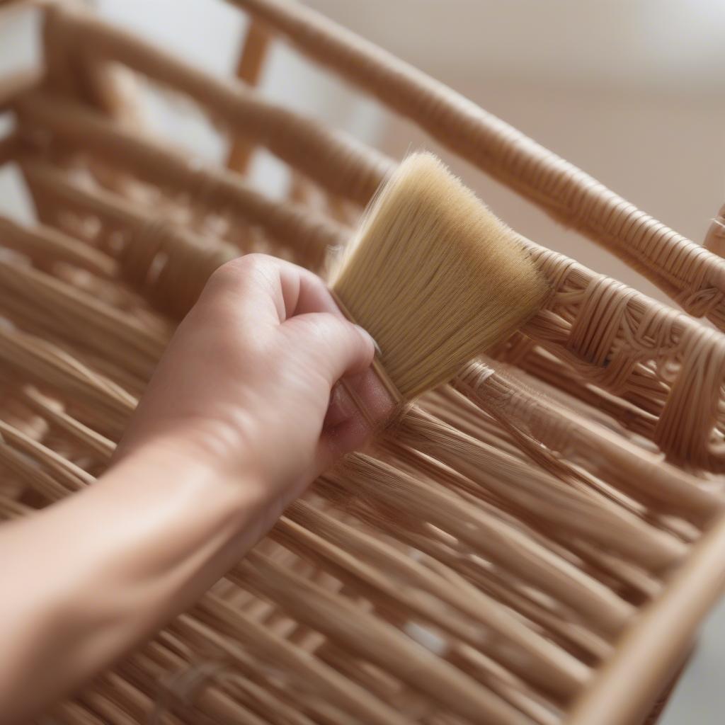 Person cleaning rattan chair weave with a soft brush to maintain its beauty