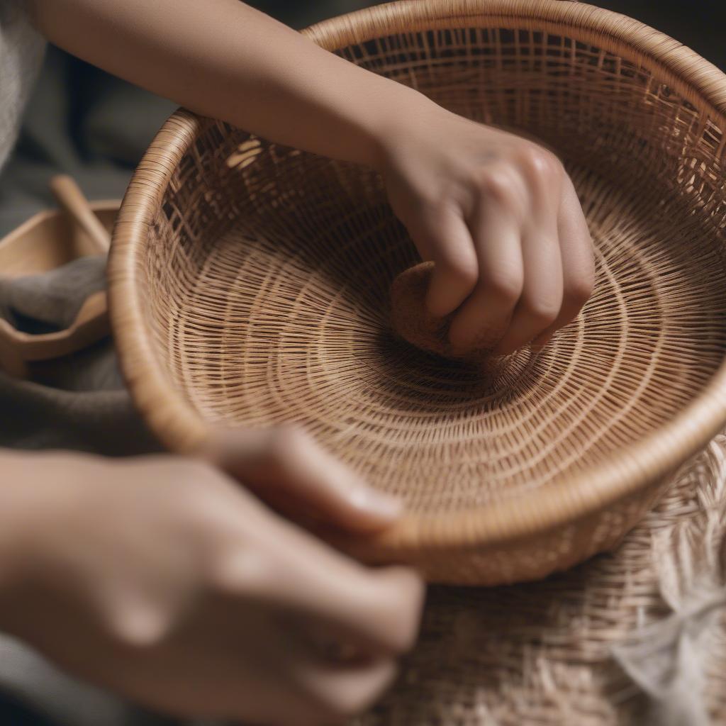 Cleaning a rattan open weave basket with a soft brush to maintain its appearance and longevity.