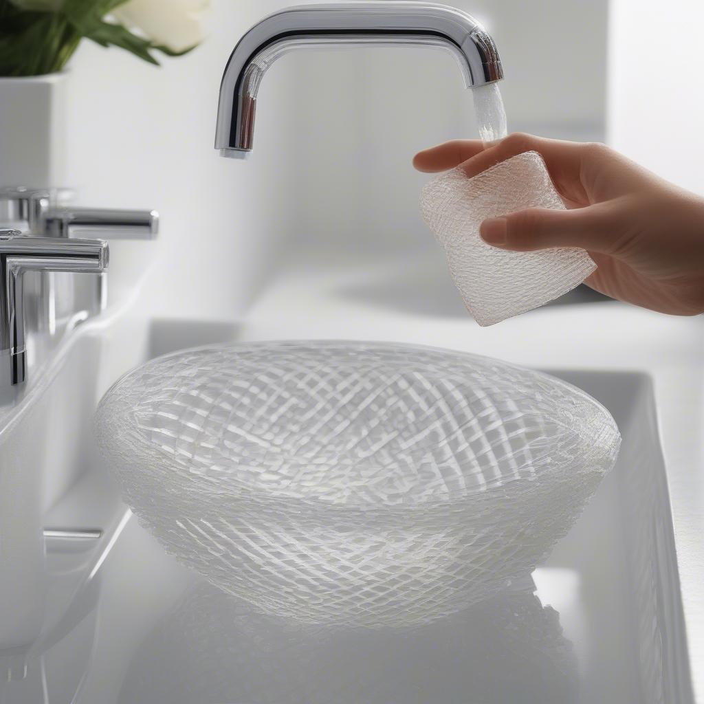 A person carefully hand washing a Riedel crystal vase with a basket weave pattern, using a soft cloth and mild soap. The focus is on the gentle cleaning process to preserve the delicate crystal.