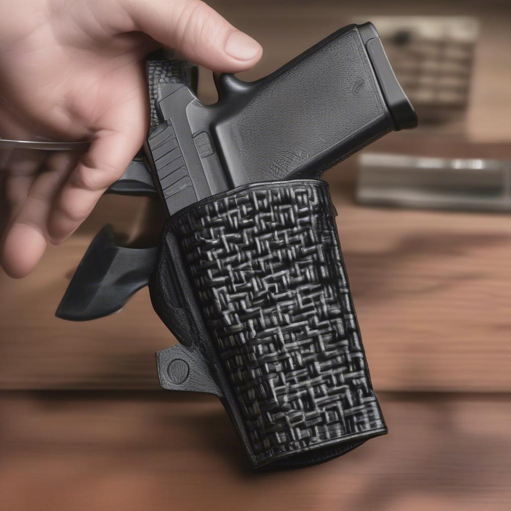 Demonstrating the process of cleaning a Safariland STX basket weave holster with a damp cloth.