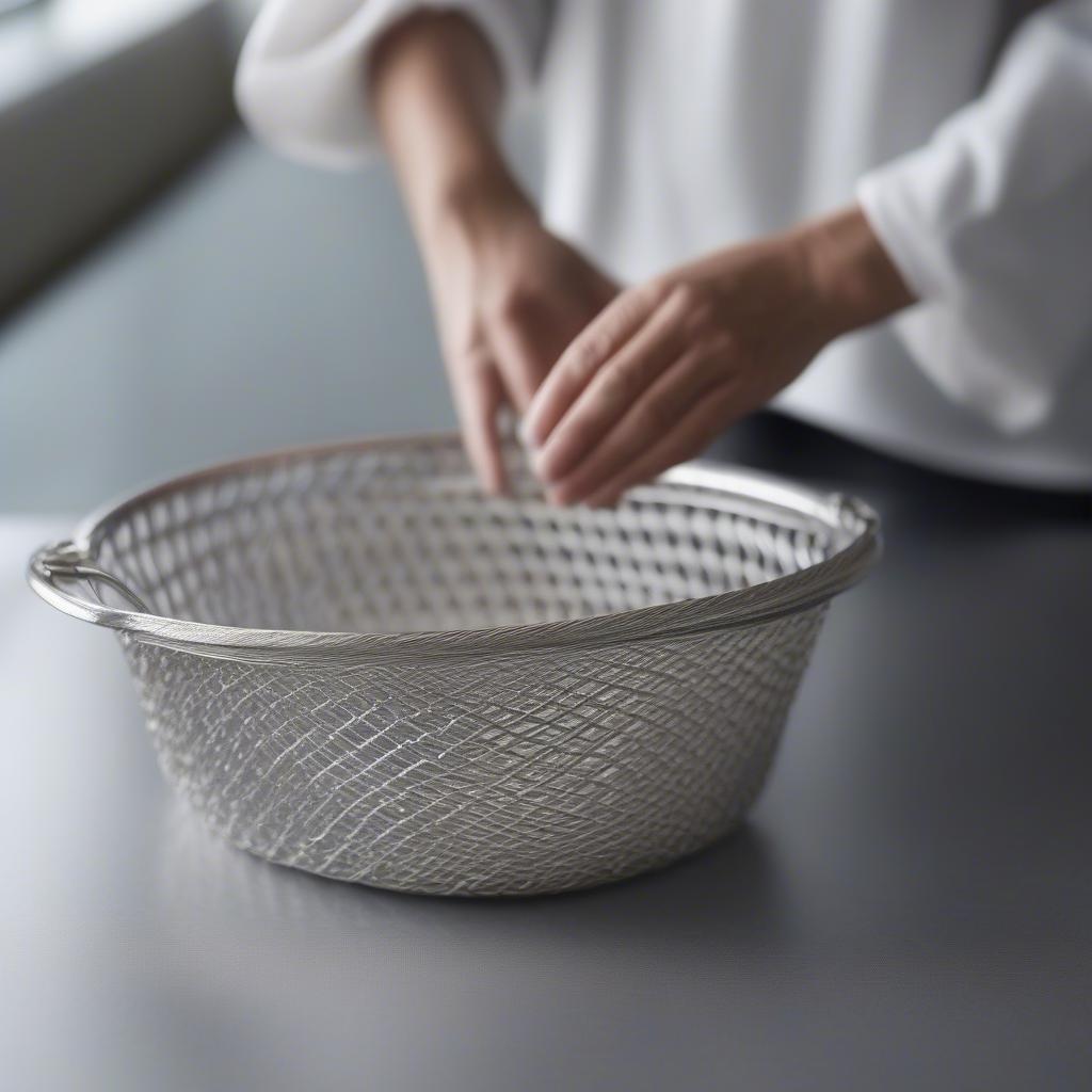 Cleaning a silver weaved metal basket with a soft cloth.