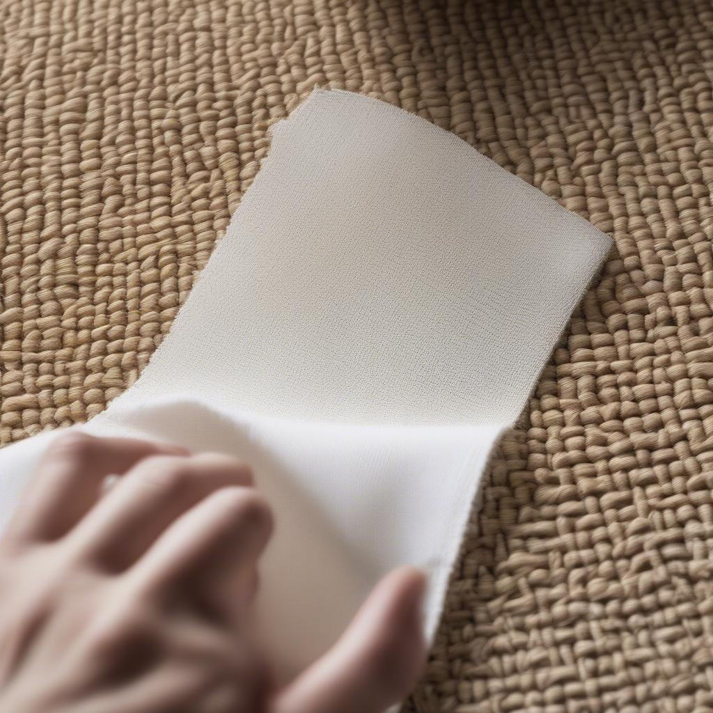 Demonstrating the proper technique for cleaning a sisal basket weave rug using a clean cloth and blotting motion