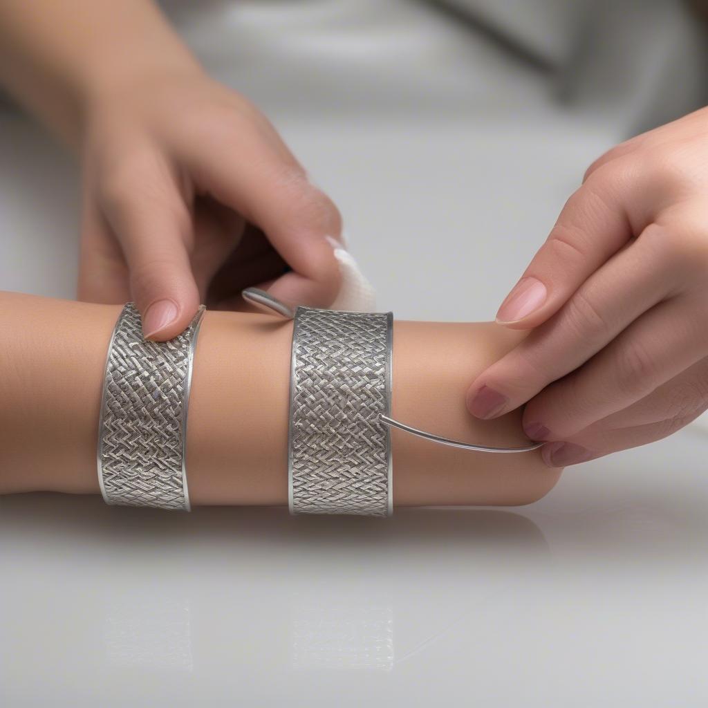 Cleaning a Sterling Silver and Diamond Bracelet:  A woman gently cleaning her sterling silver basket-weave cuff bracelet with a polishing cloth.