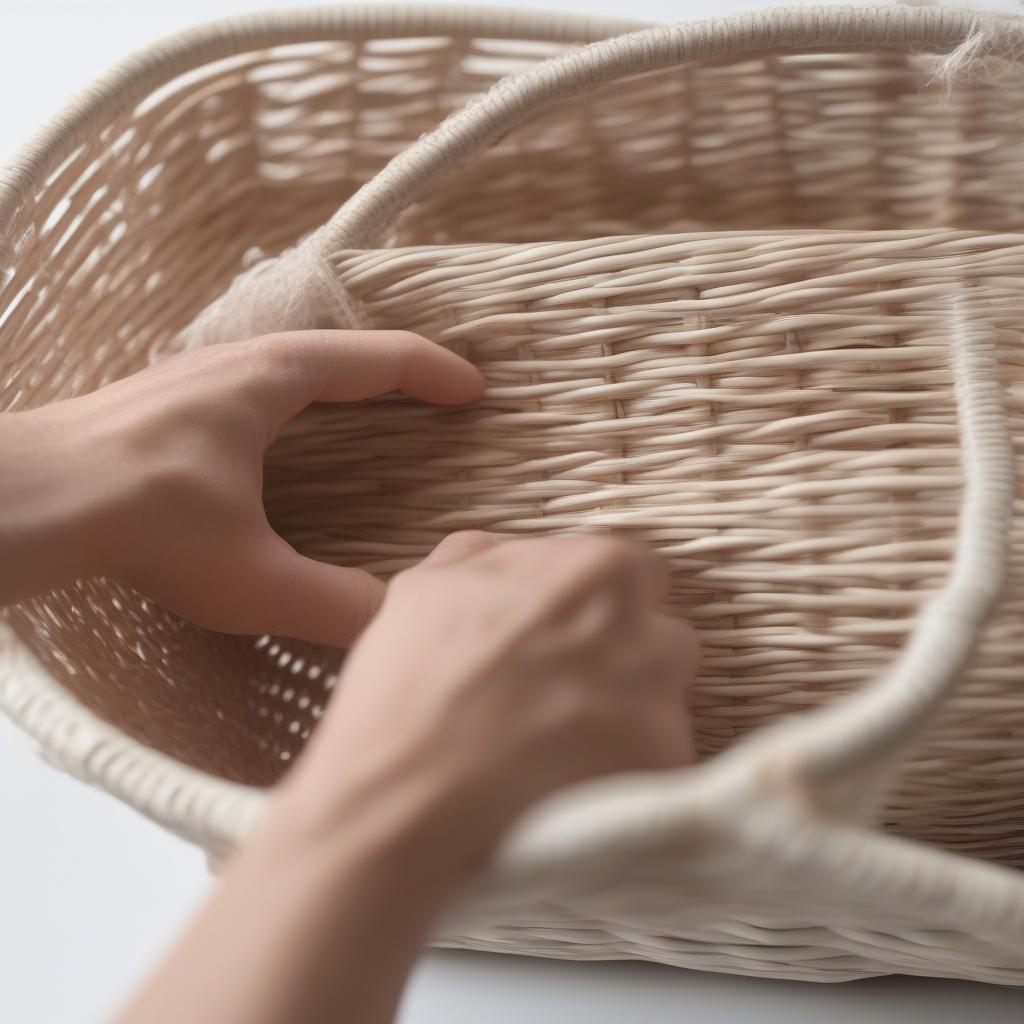 Cleaning a storage weave basket with a damp cloth.