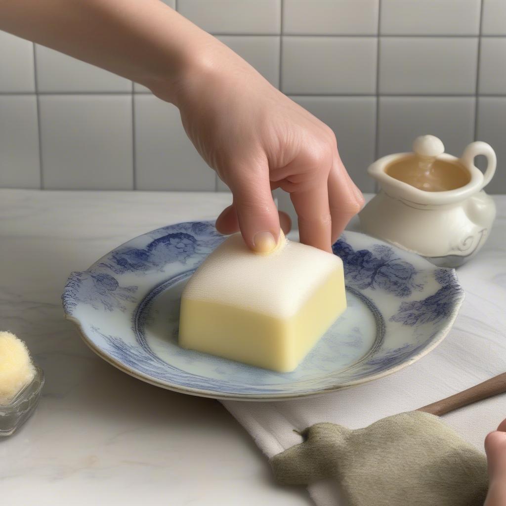 A person gently hand washing a vintage Japan basket weave ceramic butter dish.