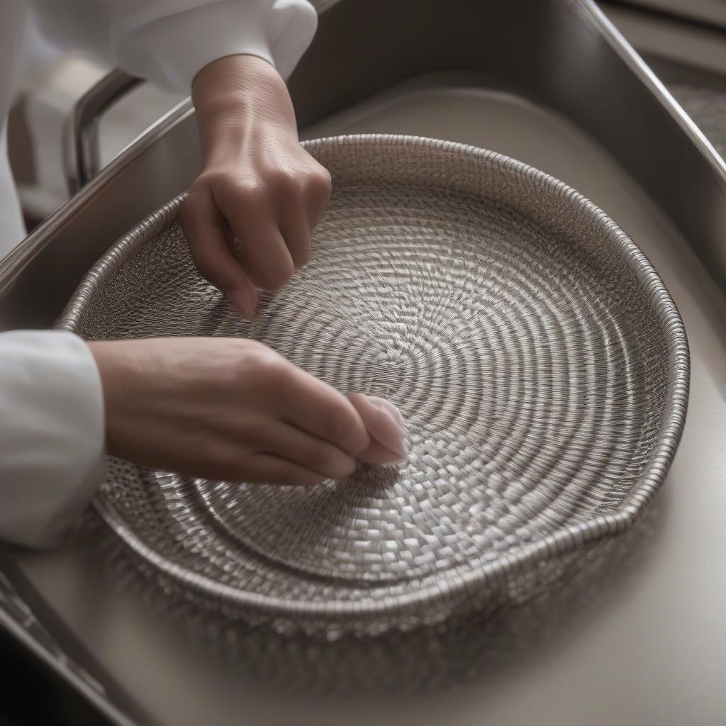 Cleaning a vintage silver metal weave serving basket tray with specialized silver polish and a soft cloth.