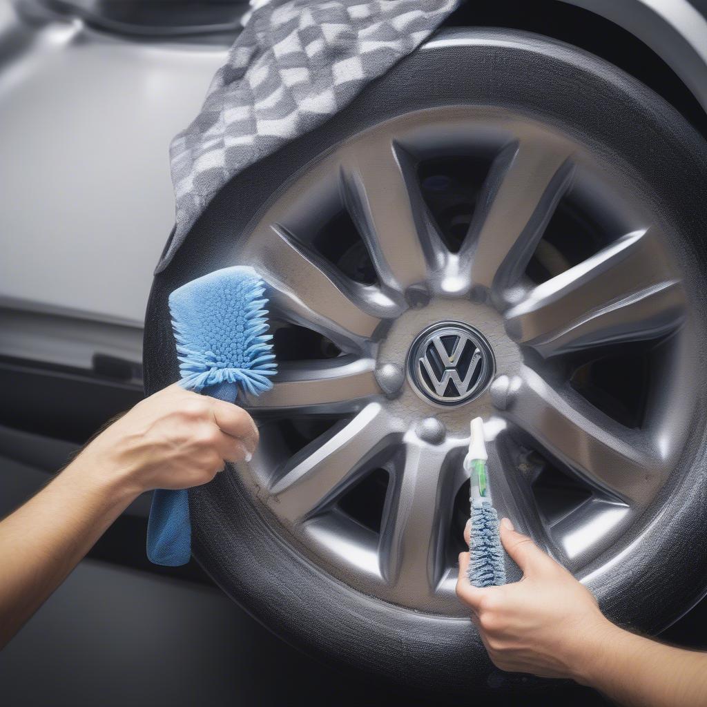 A person carefully cleaning a VW basket weave wheel with appropriate cleaning products and tools