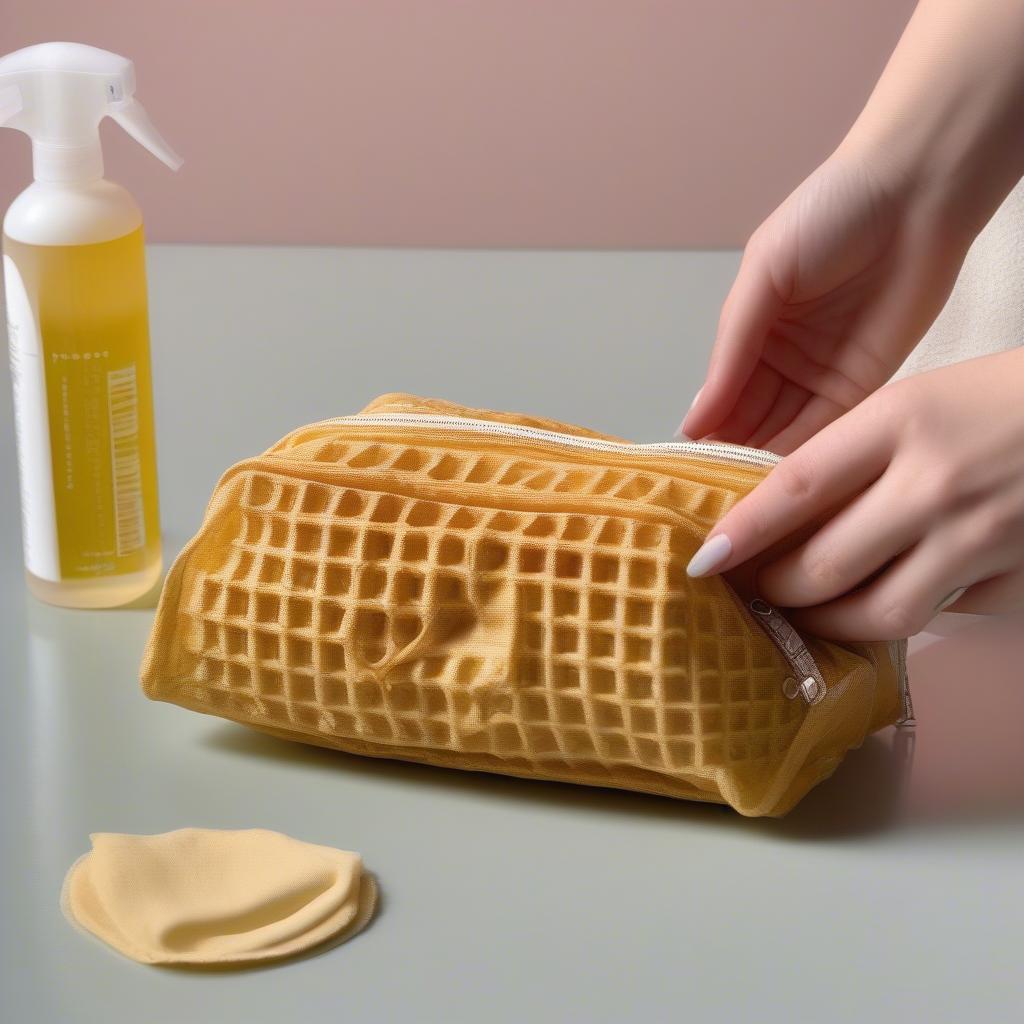 Cleaning a waffle weave makeup bag with a damp cloth.