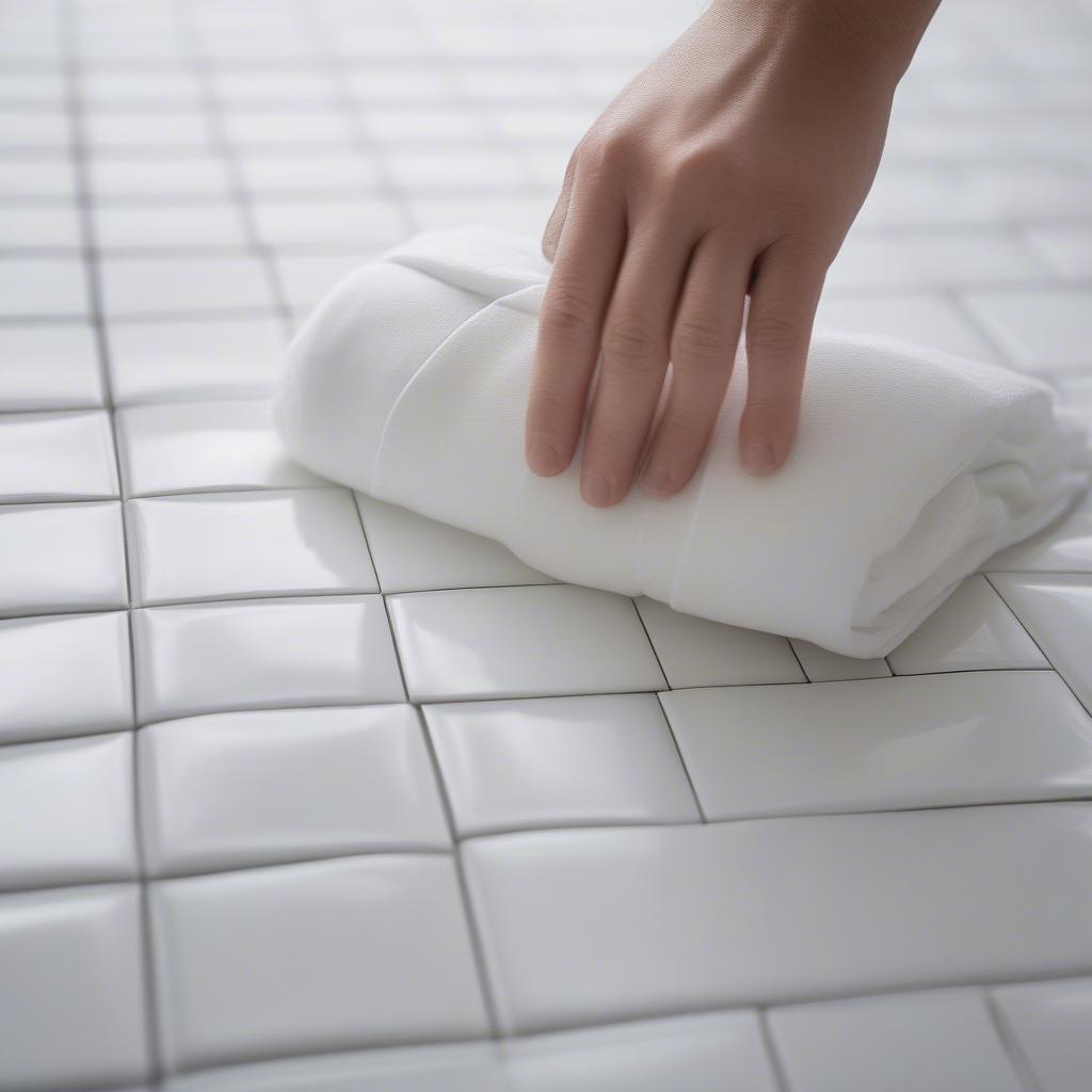 Cleaning white subway tile basket weave with a soft cloth.