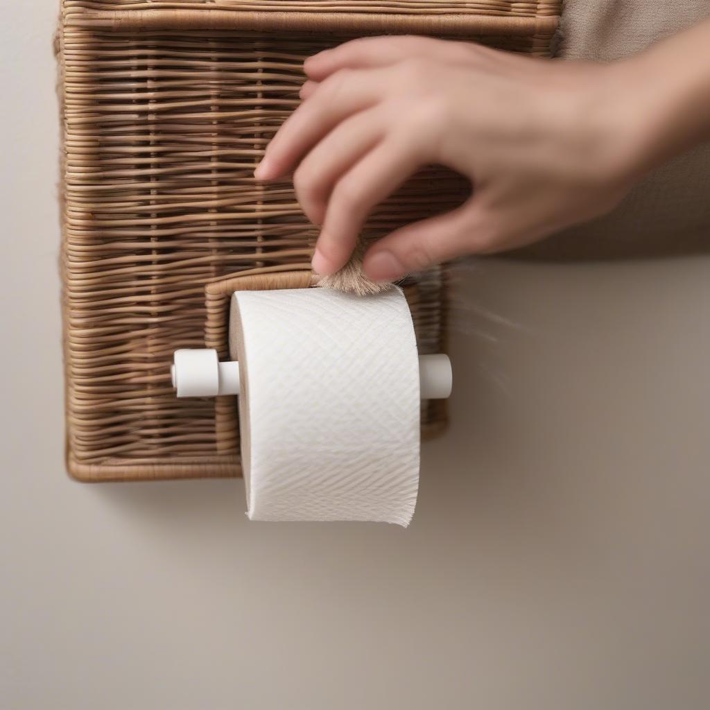 Cleaning a wicker toilet paper holder with a soft brush.