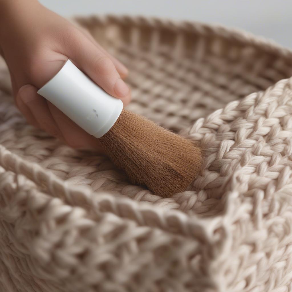 Cleaning a large woven bag with a soft brush