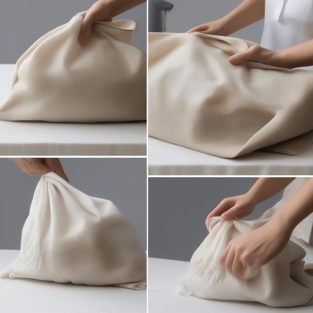 Cleaning a woven canvas bag with gentle soap and water on a soft cloth.