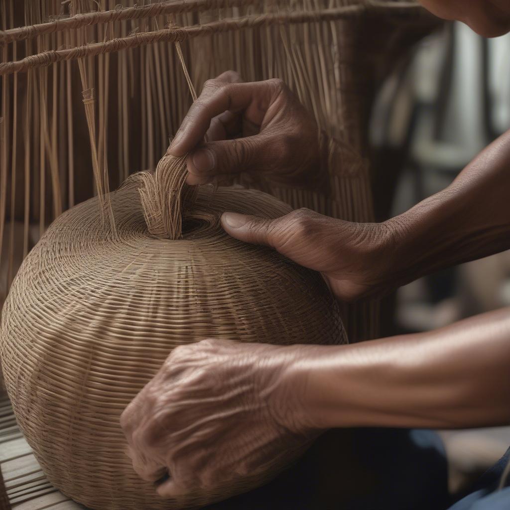 Close-up of artisan hands weaving a rattan bag, demonstrating the intricate process and skilled craftsmanship.