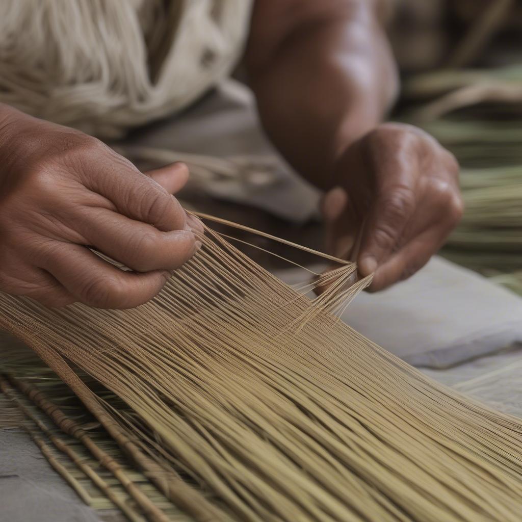 A close-up view of a Balinese artisan’s hands meticulously weaving Ata grass, demonstrating the intricate technique.