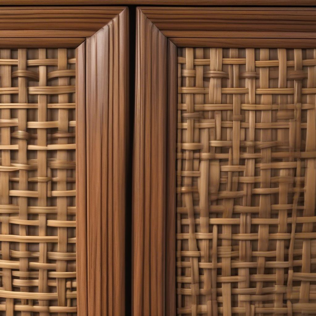 Detailed close-up of the intricate basket weave pattern on a vintage china cabinet