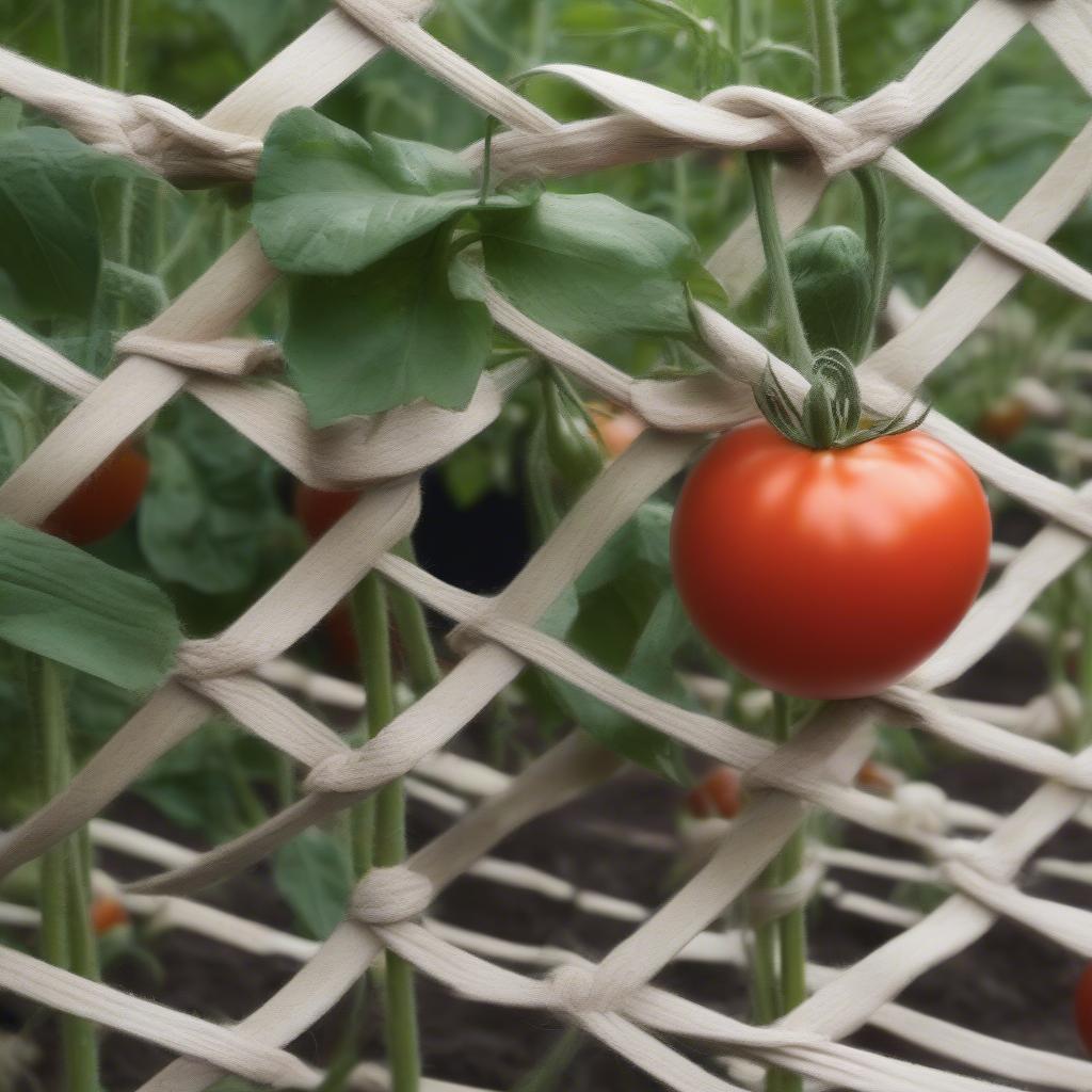 Close-up view of interwoven stakes in basket weave staking