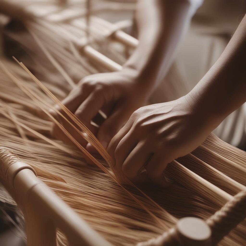 Close up of hands meticulously weaving a basket in a Minneapolis class.