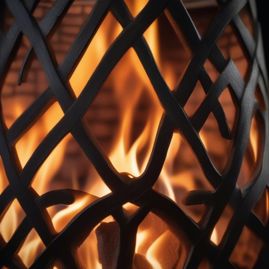 Close-up of the Deeco Western Basket Weave Jr Chiminea with a burning fire