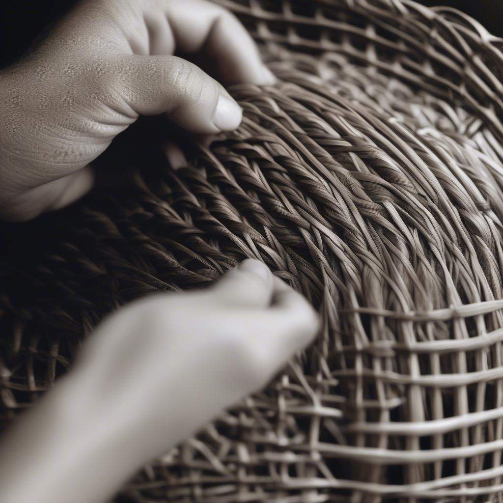 Close-up of hands intricately weaving a wicker basket, showcasing the detailed process of basket weaving.