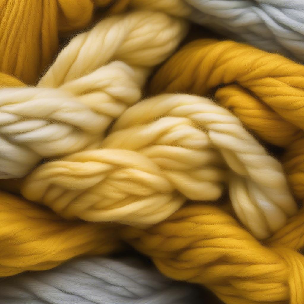 Close-up image of super bulky yarn in various shades of yellow, highlighting the texture and thickness suitable for creating a chunky basket weave scarf.