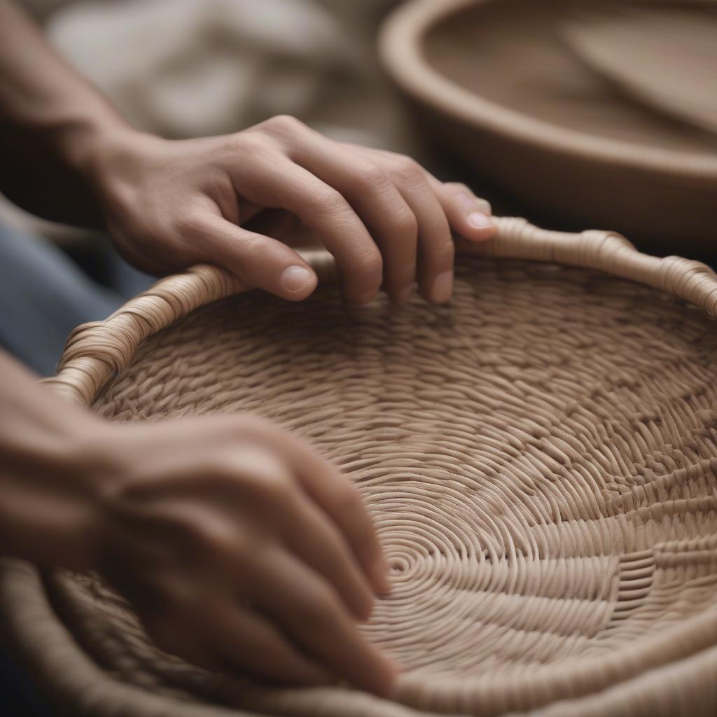 Hands intricately weaving a circle basket using natural fibers.