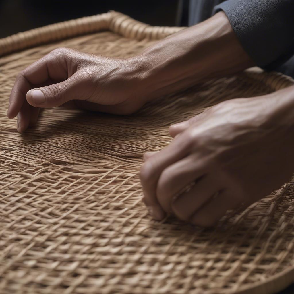 Close Up of Jonathan London's Hands Weaving Rattan