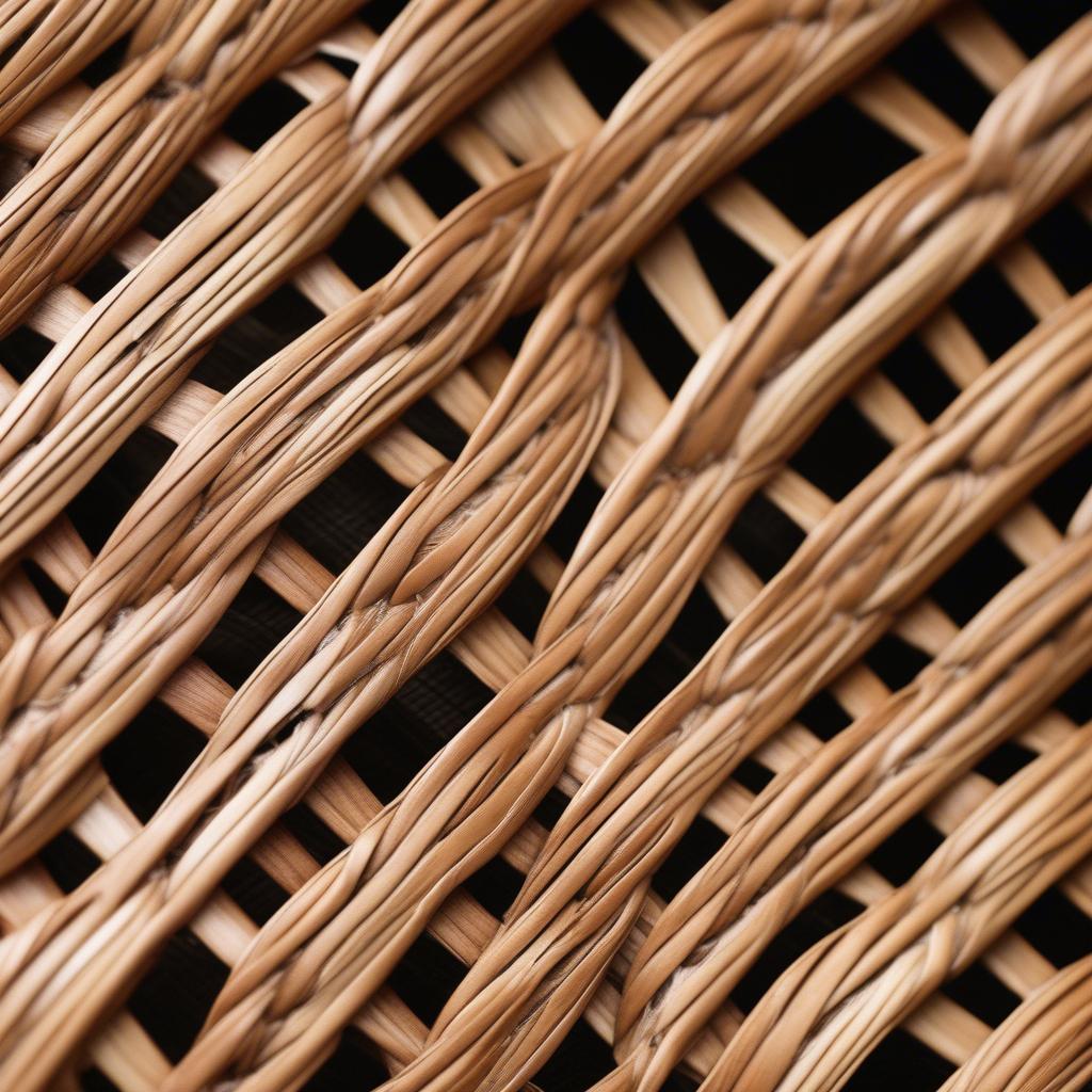 Detailed close-up view of the intricate wicker weave pattern on a piece of patio furniture.