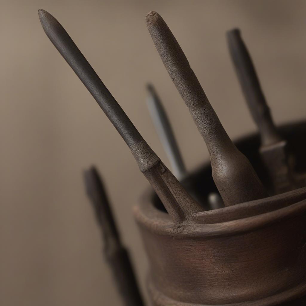 Close-up view of a well-worn awl, highlighting its historical use