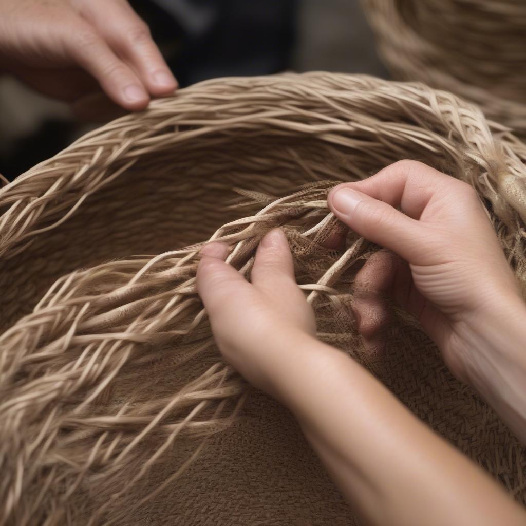 Close-up of the twining technique used in watertight basket weaving